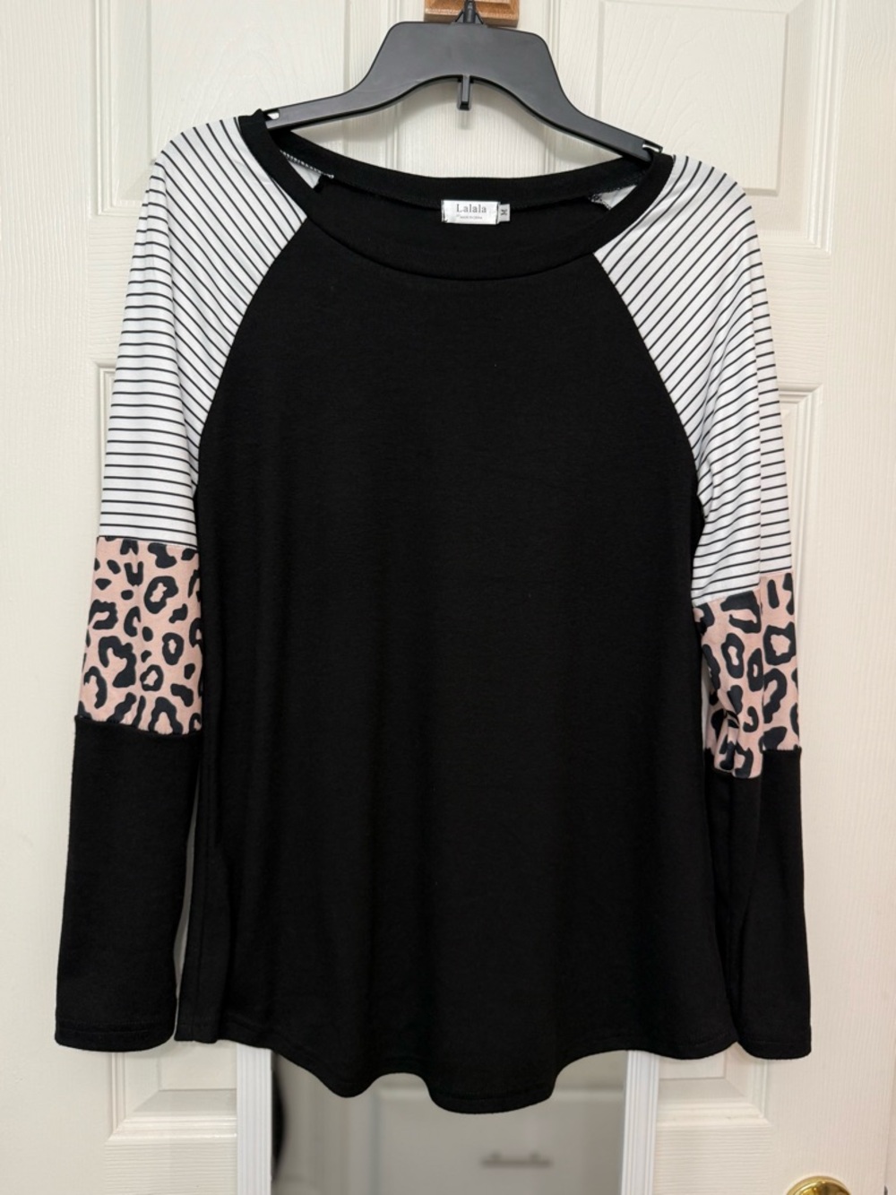 Alala Black Long-Sleeve Raglan Top with White Stripes & Pink Leopard Panels